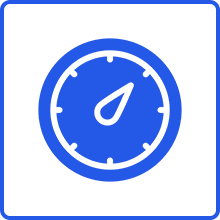 Blue speedometer icon on black background.