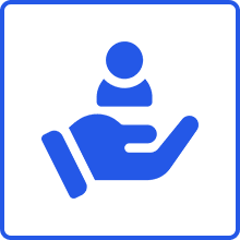 Blue hand icon holding person symbol.