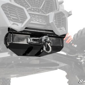 Close-up of a rugged vehicle winch with a hook and chain.