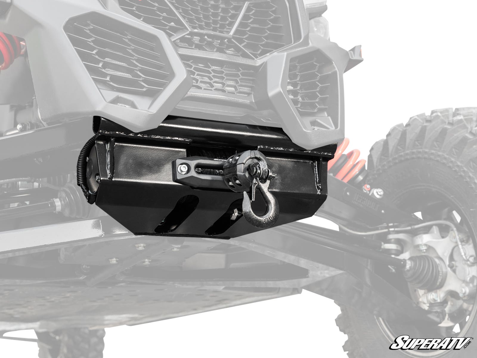 Close-up of a rugged vehicle winch with a hook and chain.