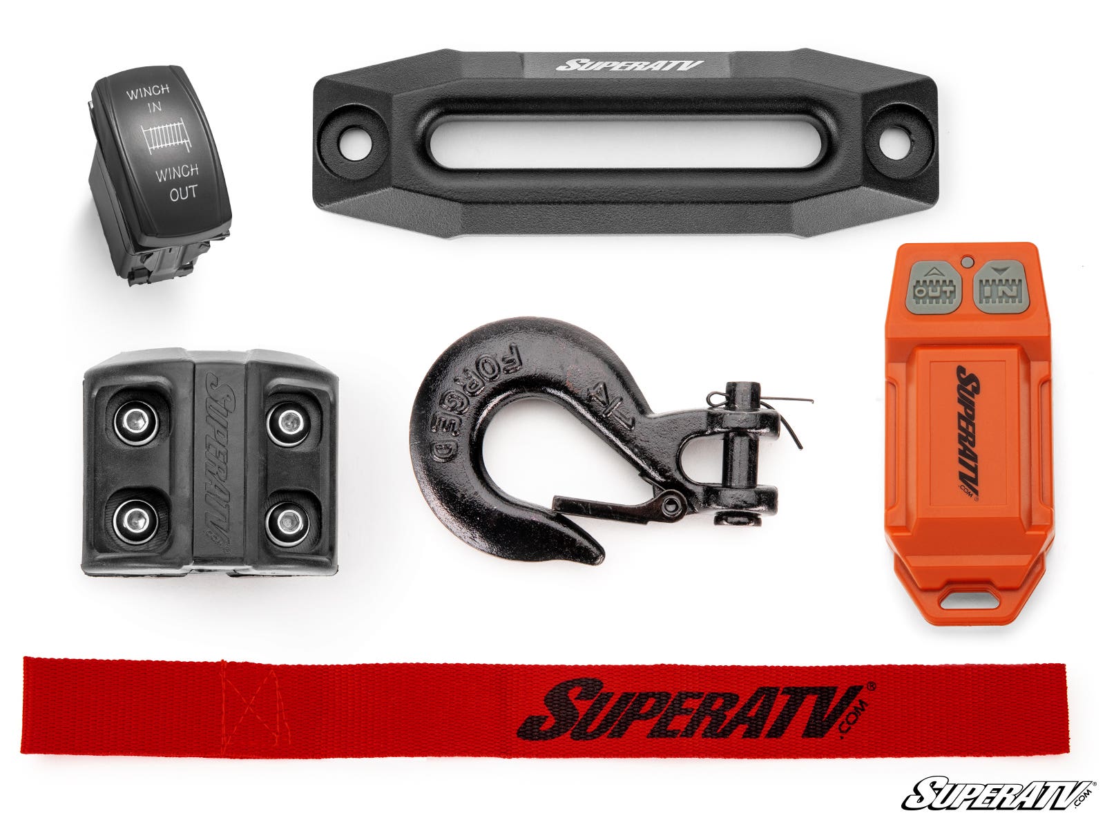 Various SuperATV vehicle parts displayed on white background.
