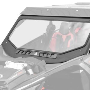 Close-up of a tinted vehicle windshield with visible interior seats.