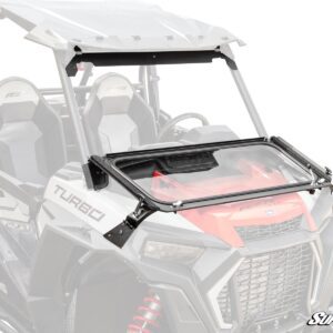 Black adjustable roof support brackets for a utility vehicle.