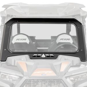 Rear view of a vehicle with two seats and a transparent back window.