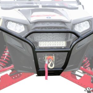 Front view of an off-road vehicle with a winch and LED light bar.