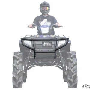 Person riding a black all-terrain vehicle (ATV) facing forward.