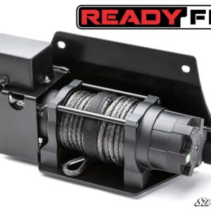 Close-up of a Readywinch electric winch with steel cable.