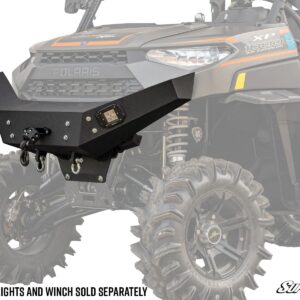 Heavy-duty off-road front bumper with LED lights and winch mount for ATV or UTV.