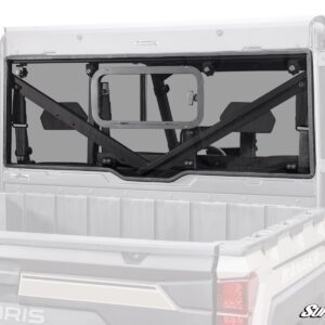 Black rifle mounted on a truck's rear window.