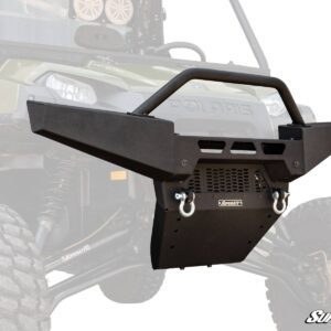 Close-up of a rugged off-road vehicle front bumper with a winch and tow hooks.