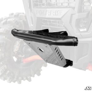 Black metal skid plate and bumper for off-road vehicle protection.