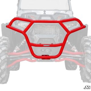 Red tubular front bumper for an off-road vehicle.