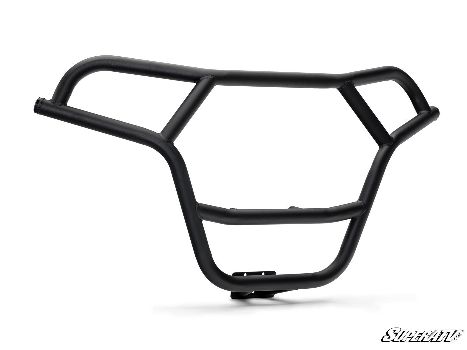 Black metal brush guard for vehicle front protection.