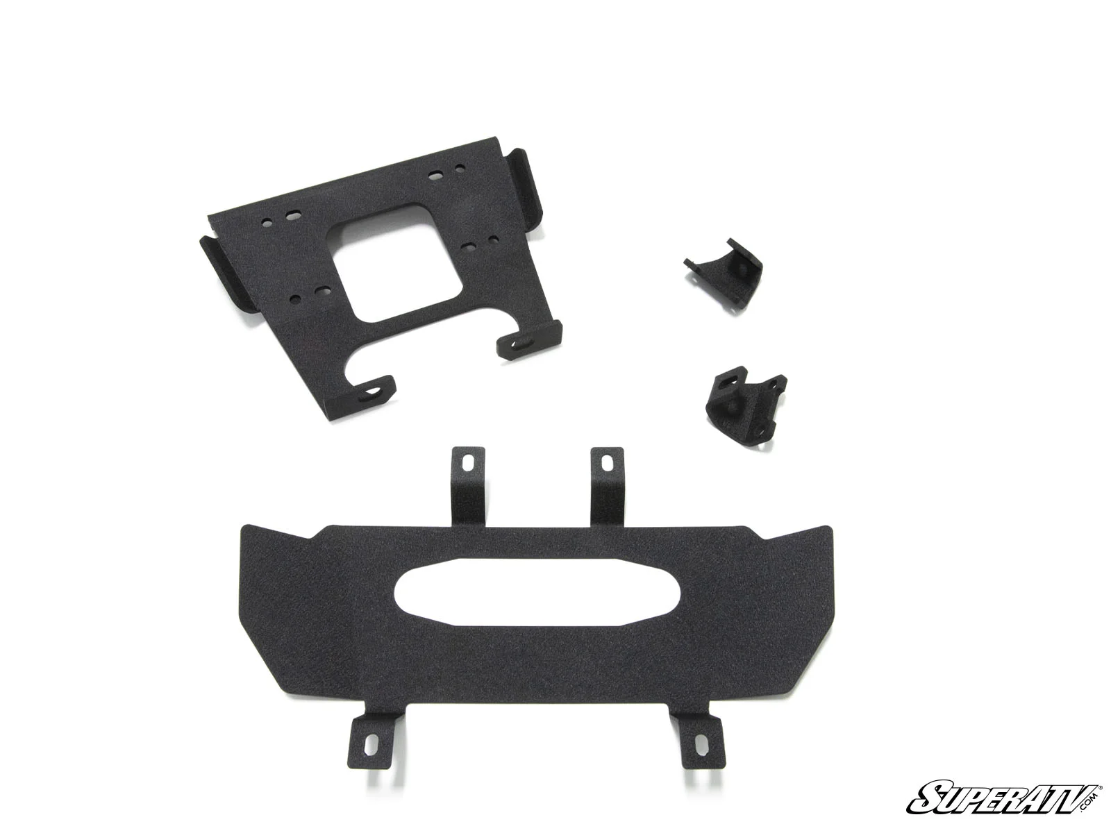 Set of black metal brackets and clips for mounting.