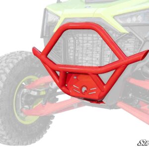 Red metal bumper guard on off-road vehicle's front end.