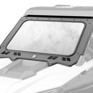 Clear windshield with black frame on a white vehicle surface.