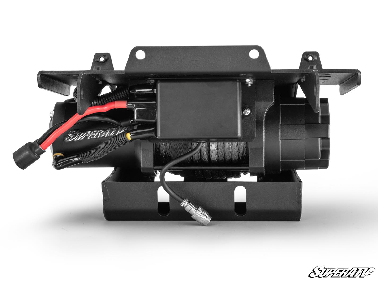 Compact electric winch with mounting bracket and control wiring.