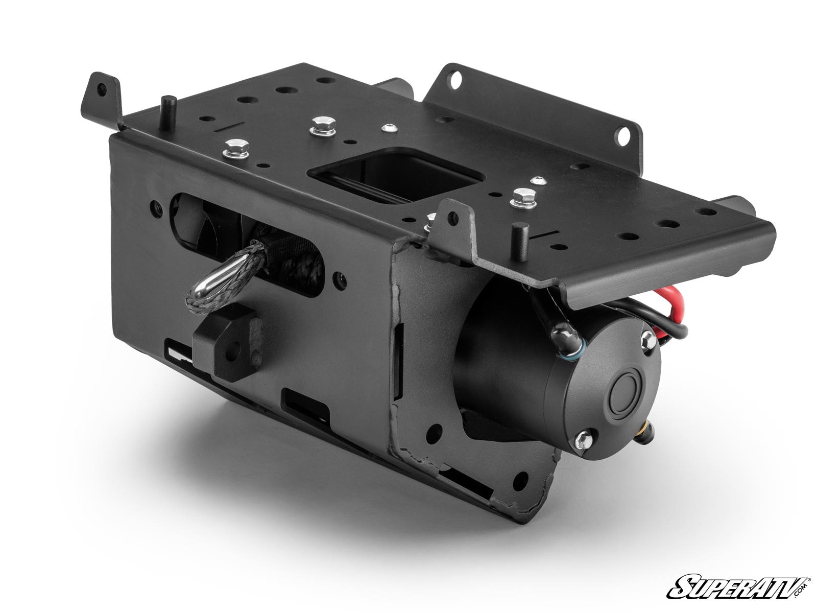 Black metal mounting bracket with attached motor and wiring.