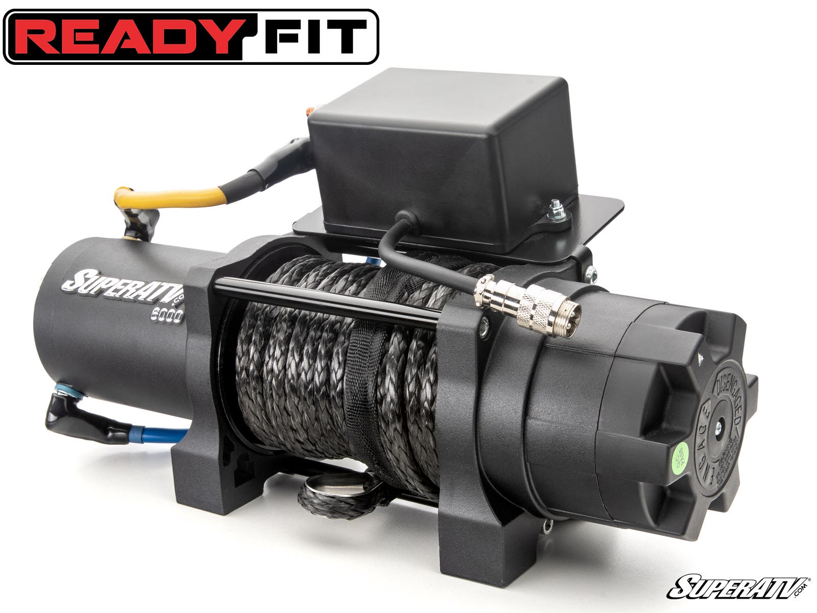 Close-up of a black electric winch with a yellow handle by LadyFit.