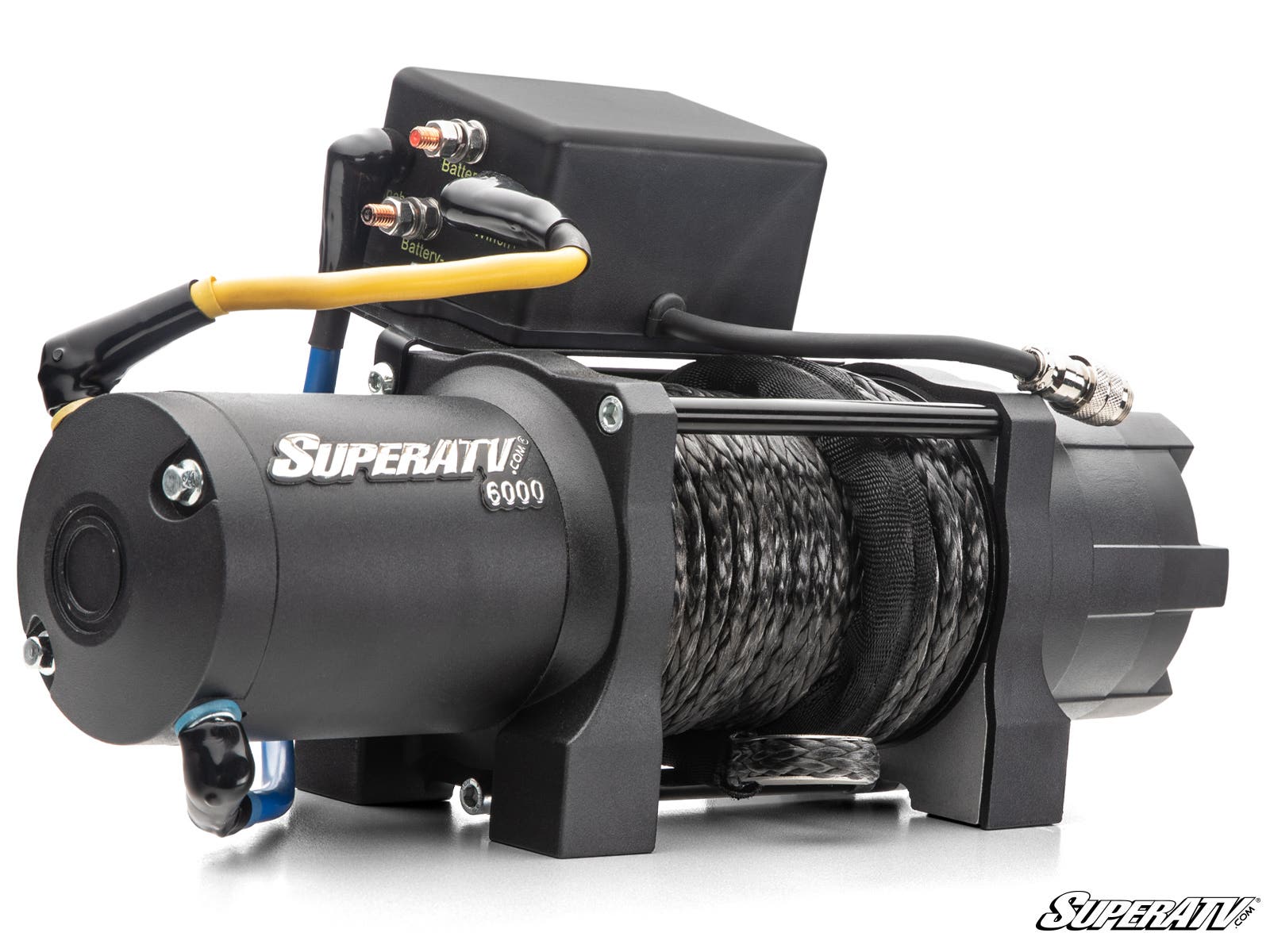 Close-up of a Superwinch electric winch with synthetic rope.