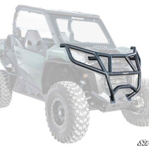 Side view of an off-road utility vehicle with a protective front bumper.