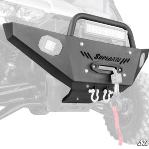 Heavy-duty off-road winch mounted on a vehicle's front bumper with hooks and a synthetic rope.