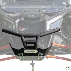 Front bumper guard for an off-road vehicle with mounting hardware.