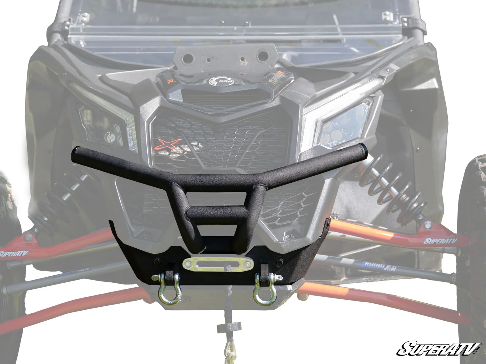 Front bumper guard for an off-road vehicle with mounting hardware.