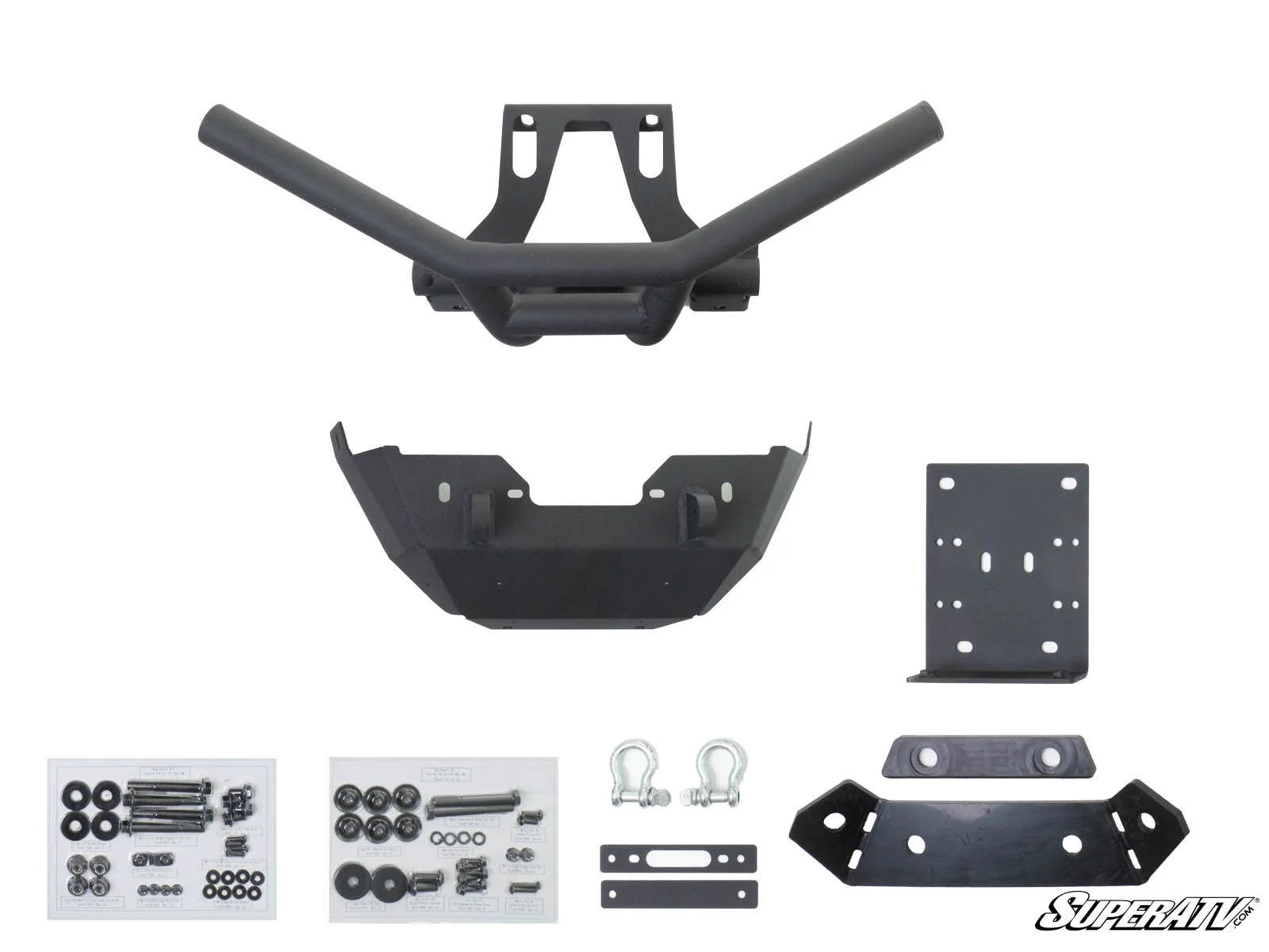 Complete black metal bumper kit with mounting brackets and hardware.