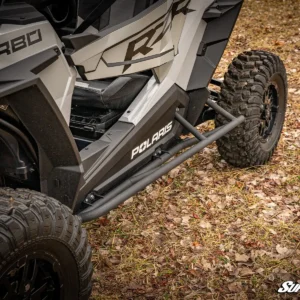 Off-road vehicle on autumn leaves terrain.
