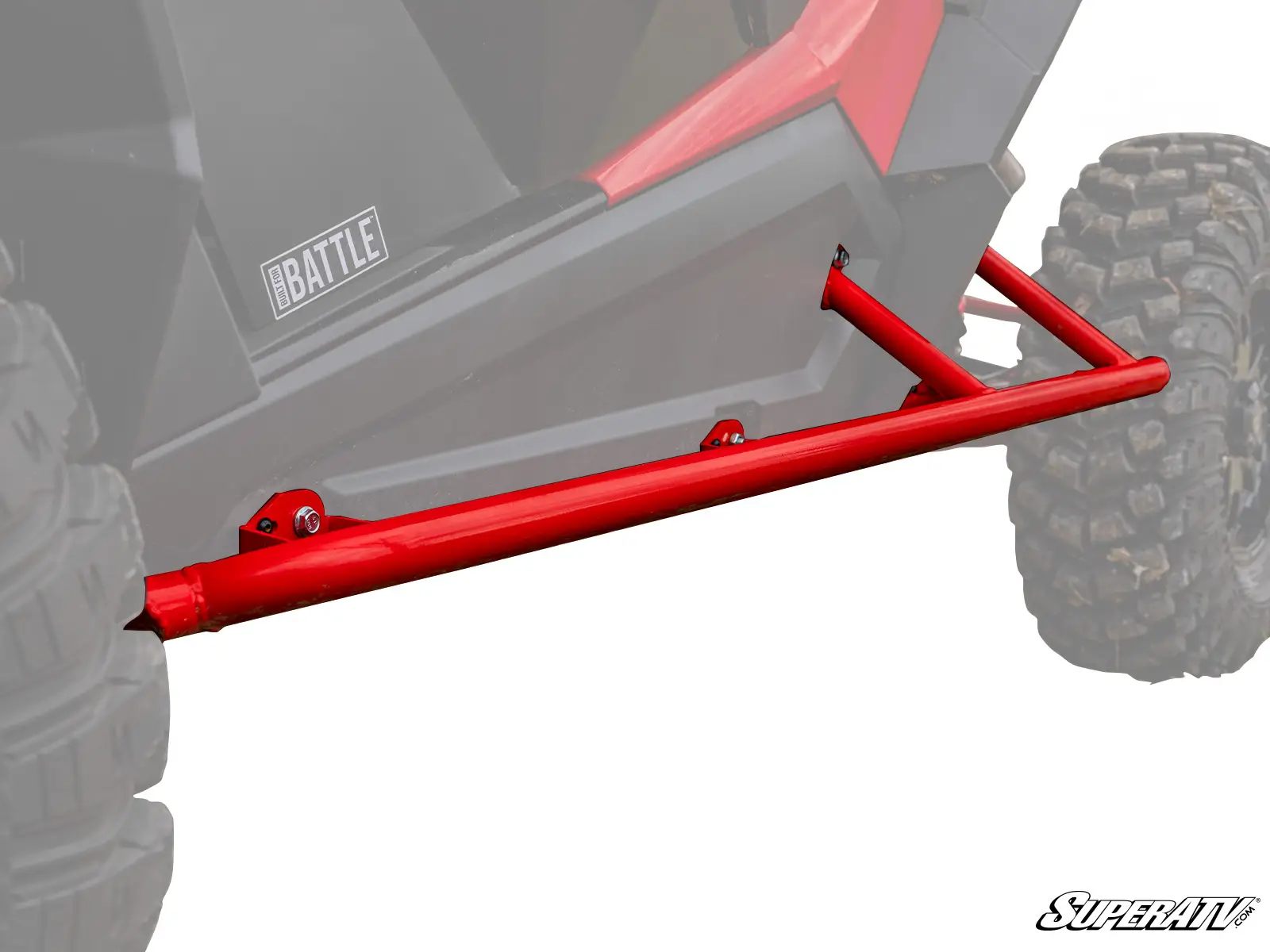 Red off-road vehicle side nerf bar.