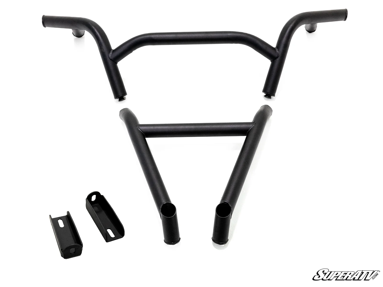 Black metal motorcycle crash bars with mounting brackets.