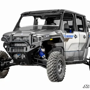 A rugged off-road utility vehicle with large tires and a sturdy frame.