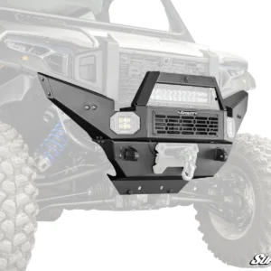 Heavy-duty off-road front bumper with winch mount and lights.