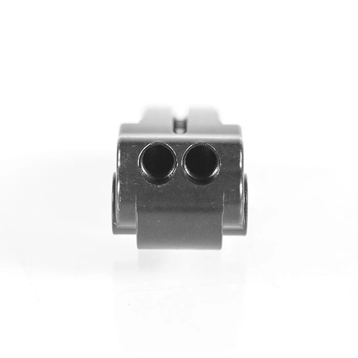 Black metal part with two circular holes.